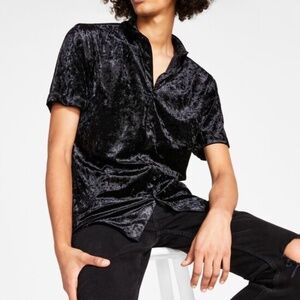 INC International Concepts Mens Classic-Fit Crushed Velvet Shirt Deep Black XS